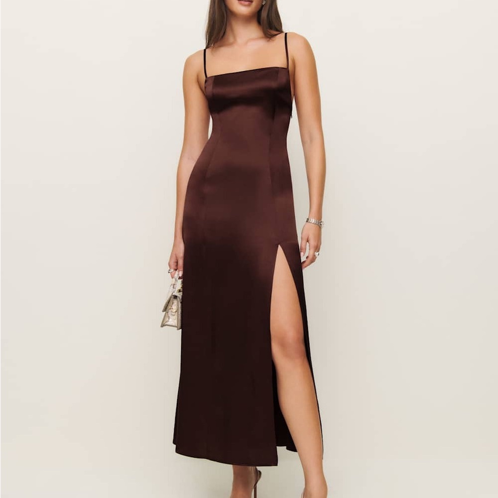 Reformation Satin Slip Dress in Deep Chocolate Brown